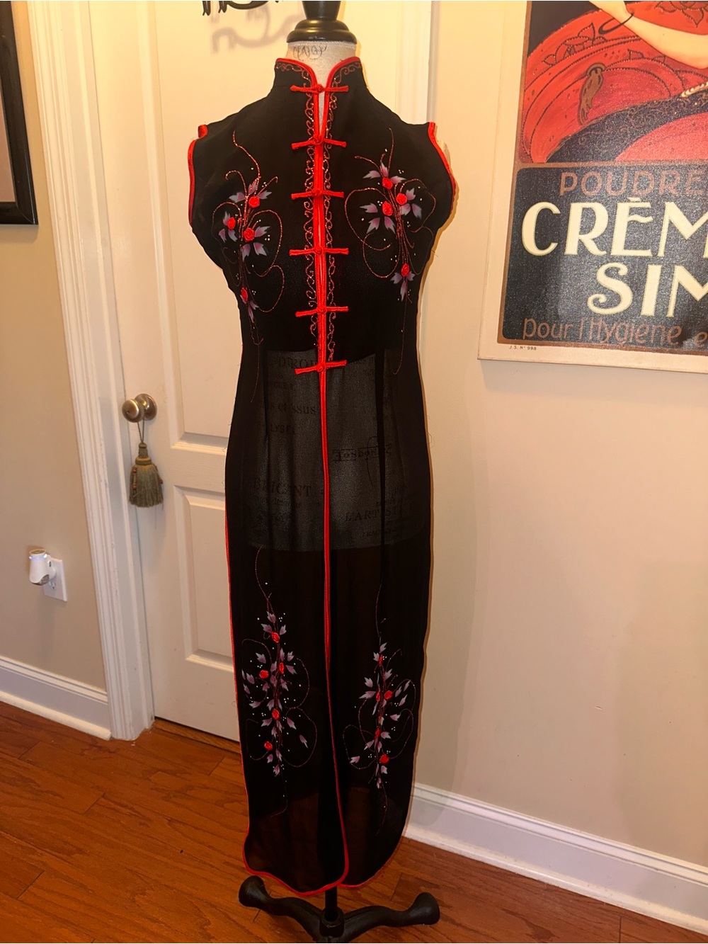 Black Maxi Dress with Red Floral Embroidery and Mandarin Collar